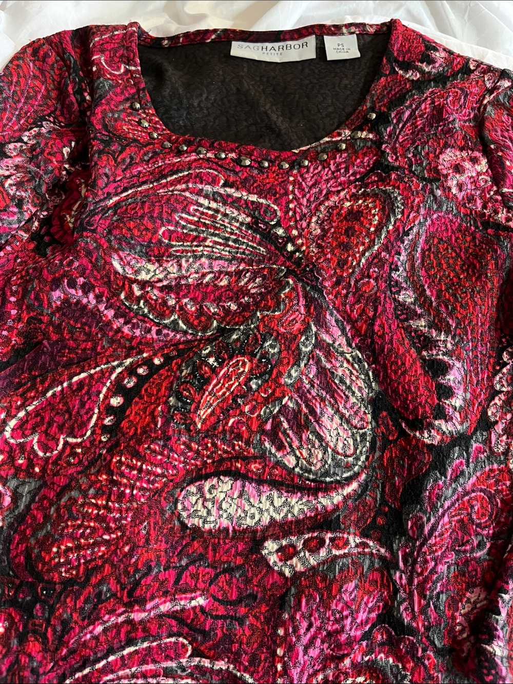 Sag Harbor Petite Red and Black Studded Top
